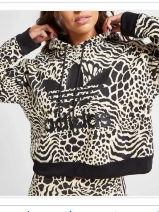 adidas Originals Leopard Print Cropped Trefoil Hoodie OVERSIZED - Picture 2 of 12